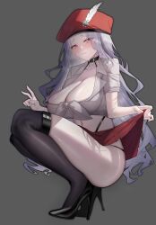  absurdres black_choker black_panties black_thighhighs blush breasts choker cleavage clothes_lift collared_shirt cropped_shirt female grey_hair hat high_heels highleg highleg_panties highres jihua_tong large_breasts lifting_own_clothes long_hair looking_at_viewer navel orange_eyes original panties partially_unbuttoned red_hat shirt simple_background skirt skirt_lift solo squatting thighhighs underwear white_shirt 