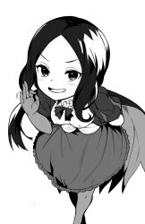  breasts dress fate/grand_order fate_(series) female forehead greyscale handjob_gesture henry_bird_9 leaning_forward leonardo_da_vinci_(fate) leonardo_da_vinci_(rider)_(fate) long_hair looking_at_viewer monochrome parted_bangs simple_background small_breasts smile solo 