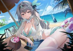  ass beach beach_umbrella bikini black_hairband blue_sky breasts cleavage coconut female firefly_(honkai:_star_rail) grey_hair hair_between_eyes hairband highres honkai:_star_rail honkai_(series) laosi_j large_breasts long_hair looking_at_viewer lying on_side palm_tree sky smile swimsuit thighhighs tree two-tone_eyes umbrella white_thighhighs 