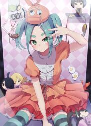  aqua_hair aqua_thighhighs araragi_koyomi arm_up blush character_doll closed_mouth dress eyelashes feet_out_of_frame female forehead frilled_dress frills googly_eyes hachikuji_mayoi hand_up hat in_crane_game kagenui_yozuru kry_oekk looking_at_viewer medium_hair monogatari_(series) ononoki_yotsugi orange_dress orange_hat origami oshino_shinobu paper_crane parted_bangs patterned_background pink_background puffy_short_sleeves puffy_sleeves short_eyebrows short_sleeves sidelocks sitting solo striped_clothes striped_thighhighs thick_eyebrows thighhighs twintails w 