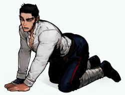  1boy ainu_clothes all_fours bara beard_stubble black_hair blush buzz_cut clenched_butt draw_your_babygirl_(meme) facial_hair full_body golden_kamuy grmms_otk long_sideburns long_sleeves looking_at_viewer male_focus mature_male meme muscular muscular_male pants pectoral_cleavage pectorals short_hair sideburns simple_background solo stubble tanigaki_genjirou thick_eyebrows very_short_hair white_background 