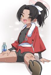  black_hair black_undershirt blue_archive bottle breasts dark-skinned_female dark_skin female halo heavy_breathing highres looking_at_viewer ogata_zen one_eye_closed open_happi open_mouth ponytail red_happi rickshaw_student_(blue_archive) sitting small_breasts smile solo sweat tabi towel towel_around_neck water_bottle white_towel yellow_eyes 