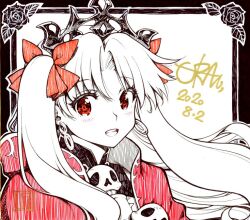  blonde_hair blush bow cloak dress earrings ereshkigal_(fate) fate/grand_order fate_(series) female fur-trimmed_cloak fur_trim greyscale hair_ribbon hoop_earrings jewelry long_hair looking_at_viewer marker_(medium) monochrome open_mouth parted_bangs red_eyes red_ribbon ribbon skull_ornament smile solo tiara traditional_media two_side_up uran_(uran-factory) very_long_hair 