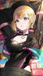  alternate_costume azusawa_kohane black_jacket black_leotard blonde_hair blush breasts chain-link_fence choker collarbone cropped_jacket female fence hat highres jacket leotard long_hair looking_at_viewer medium_breasts n_6m official_alternate_costume parted_lips project_sekai solo tiles 