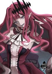  absurdres baobhan_sith_(fate) bare_shoulders black_nails breasts dated detached_sleeves dress fangs fate/grand_order fate_(series) female finger_gun finger_gun_to_head frilled_dress frills grey_eyes hair_ornament hand_up highres long_hair looking_at_viewer open_mouth pointy_ears red_dress red_hair sidelocks smile solo tsukaasa white_background 