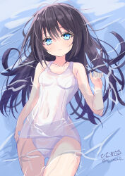  absurdres afloat asashio_(kancolle) black_hair blue_eyes blush breasts closed_mouth collarbone covered_navel day female hair_between_eyes highres hizaka kantai_collection long_hair looking_at_viewer old_school_swimsuit one-hour_drawing_challenge one-piece_swimsuit school_swimsuit signature small_breasts smile solo swimsuit twitter_username water wet wet_clothes wet_swimsuit white_one-piece_swimsuit 