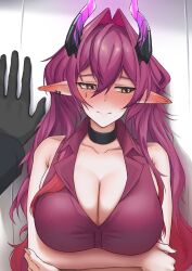  1other absurdres arknights ascalon_(arknights) bare_arms bare_shoulders black_choker breasts choker cleavage collarbone crossed_arms doctor_(arknights) facial_mark female hair_between_eyes hair_intakes highres horns large_breasts long_hair pointy_ears purple_hair purple_shirt radioneet shirt sleeveless sleeveless_shirt upper_body very_long_hair yellow_eyes 