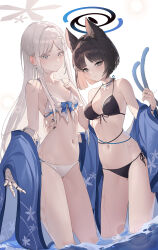  2girls absurdres alternate_costume animal_ear_fluff animal_ears bandaged_hand bandages bare_shoulders bell bikini black_bikini black_eyes black_hair black_nails blue_archive blue_halo blush breasts cat_ears cat_girl cat_tail choker cleavage collarbone front-tie_bikini_top front-tie_top grey_eyes hair_ornament halo highres hoshirapu japanese_clothes jingle_bell kikyou_(blue_archive) long_hair looking_at_viewer medium_breasts multiple_girls multiple_tails nagusa_(blue_archive) navel neck_bell ribbon_choker short_hair side-tie_bikini_bottom simple_background small_breasts snowflake_hair_ornament swimsuit tail two_tails wading water wet white_background white_bikini white_hair 