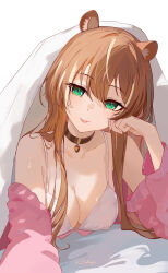  :p acorn_pendant alternate_costume animal_ear_fluff animal_ears ayunda_risu bare_shoulders breasts brown_hair camisole cleavage collarbone commentary double-parted_bangs english_commentary female green_eyes hair_between_eyes hair_over_shoulder hand_on_own_cheek hand_on_own_face head_rest highres hololive hololive_indonesia jacket large_breasts long_hair looking_at_viewer lying multicolored_hair off_shoulder on_stomach open_clothes open_jacket pink_jacket simple_background solo squirrel_ears squirrel_girl streaked_hair tongue tongue_out under_covers virtual_youtuber white_background white_camisole white_hair zakimpo 