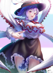  absurdres black_hat black_skirt bow breasts capelet commentary_request dated female frilled_capelet frilled_shawl frilled_shirt frilled_skirt frills hat hat_bow highres large_breasts long_sleeves looking_at_viewer nagae_iku open_mouth purple_hair red_bow red_eyes shawl shirt short_hair signature skirt solo touhou white_shirt yujin_(kanouyuuto-0423) 