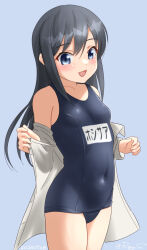  asashio_(kancolle) black_hair blue_background blue_eyes blue_one-piece_swimsuit breasts collarbone covered_navel cowboy_shot female kantai_collection long_hair looking_at_viewer name_tag one-piece_swimsuit open_mouth ray.s school_swimsuit shirt small_breasts smile solo swimsuit swimsuit_under_clothes undressing white_shirt 