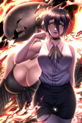  2girls alternate_breast_size black_choker black_hair black_shorts bomb_devil_(chainsaw_man) breasts chainsaw_man choker cleavage commentary dual_persona fire green_eyes hair_between_eyes highres large_breasts multiple_girls red_lips reze_(chainsaw_man) roland-gin shirt short_shorts shorts sleeveless sleeveless_shirt smile thigh_gap 