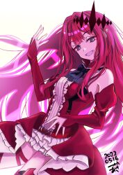  absurdres baobhan_sith_(fate) baobhan_sith_(first_ascension)_(fate) breasts dated detached_sleeves dress fangs fate/grand_order fate_(series) female frilled_dress frills grey_eyes hair_ornament hand_up highres long_hair looking_at_viewer open_mouth pink_hair pointy_ears red_dress sidelocks smile solo tsukaasa white_background 