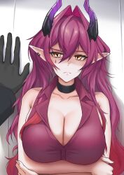  1other absurdres arknights ascalon_(arknights) bare_arms bare_shoulders black_choker breasts choker cleavage collarbone crossed_arms doctor_(arknights) facial_mark female hair_between_eyes hair_intakes highres horns large_breasts long_hair looking_at_viewer pointy_ears purple_hair purple_shirt radioneet shirt sleeveless sleeveless_shirt upper_body very_long_hair yellow_eyes 