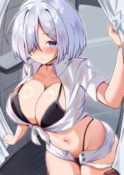  alternate_costume bikini black_bikini blue_eyes blush breasts calin changing_room cleavage collared_shirt commentary_request curtain_grab curtains female grey_hair hair_ornament hair_over_one_eye hairclip hamakaze_(kancolle) highleg highleg_bikini highres huge_breasts kantai_collection looking_at_viewer micro_shorts navel parted_lips shirt short_hair shorts solo swimsuit tied_shirt white_shirt white_shorts 