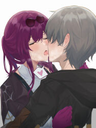  1boy absurdres blush caelus_(honkai:_star_rail) closed_eyes ear_blush eyewear_on_head female french_kiss grey_hair hand_on_another&#039;s_neck heart heavy_breathing highres honkai:_star_rail honkai_(series) kafka_(honkai:_star_rail) kissing purple_hair saliva short_hair spoken_heart straight sunglasses sweat trailblazer_(honkai:_star_rail) twitter_username white_background zinkaa 