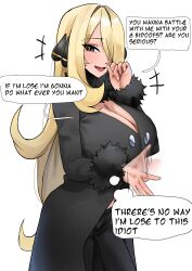  absurdres black_coat black_pants blonde_hair blush breasts cleavage coat commentary_request cynthia_(pokemon) female fur_trim green_eyes hair_over_one_eye highres large_breasts long_hair long_sleeves looking_at_viewer midriff_peek open_mouth pants pokemon pokemon_dppt simple_background solo speech_bubble uun_(uundayo) white_background 