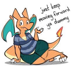  2018 3_toes aimbot-jones anthro barefoot belly blue_clothing blue_shirt blue_topwear blue_wings bottomwear breasts charizard claws cleavage clothed clothing dragon english_text feet female front_view generation_1_pokemon green_bottomwear green_clothing green_pants looking_at_viewer mythological_creature mythological_scalie mythology nintendo orange_body orange_skin overweight overweight_anthro overweight_female pants pattern_clothing pokemon pokemon_(species) reclining scalie shirt shorts simple_background solo striped_clothing stripes tail text toes topwear valentina_(aimbot-jones) white_background wide_hips wings 