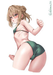  arched_back ass bare_arms bare_shoulders bikini blush breasts brown_eyes brown_hair commentary_request double_bun ebifurya female from_behind green_bikini hair_between_eyes hair_bun hair_intakes hand_up highres kantai_collection looking_at_viewer looking_back michishio_(kancolle) one-hour_drawing_challenge parted_lips simple_background small_breasts solo sweat swimsuit taut_bikini twintails twitter_username underboob white_background 