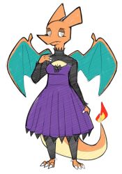  2019 3_toes aimbot-jones anthro barefoot blue_wings bow_tie breasts charizard cleavage clothed clothing dragon dress feet female front_view generation_1_pokemon hi_res leggings legwear looking_at_viewer mythological_creature mythological_scalie mythology nintendo orange_body orange_skin pokemon pokemon_(species) purple_clothing purple_dress scalie simple_background solo tail toes valentina_(aimbot-jones) white_background wings 