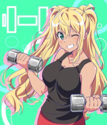  bare_shoulders black_tank_top blonde_hair breasts commentary dark-skinned_female dark_skin dumbbell dumbbell_nan_kilo_moteru? female green_background green_eyes grin highres hirayama_kanna holding_dumbbell large_breasts long_hair one_eye_closed sakura_hibiki smile solo sweat tank_top teeth twintails upper_body very_long_hair 