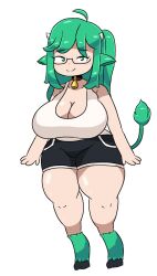  animal_humanoid bovid bovid_humanoid bovine bovine_humanoid cattle_humanoid cowbell eyewear feet female furry_feet glasses green_feet green_hair hair hi_res humanoid mammal mammal_humanoid simple_background solo sycne thick_thighs wearing_glasses white_background 