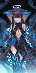  absurdres arlizi bare_shoulders black_background black_dress black_gloves black_thighhighs blue_eyes blunt_bangs breasts center_opening dress elbow_gloves fate/grand_order fate_(series) feet_out_of_frame female fire gloves hair_ornament halo highres large_breasts leaf_hair_ornament long_hair looking_at_viewer purple_hair simple_background smile solo thighhighs thighs very_long_hair yang_guifei_(fate) yang_guifei_(third_ascension)_(fate) 