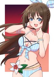  bikini blue_bikini blue_eyes blush border breasts brown_hair cleavage collarbone commentary_request female gradient_background highres long_hair looking_at_viewer love_live! love_live!_nijigasaki_high_school_idol_club medium_breasts navel open_mouth osaka_shizuku outside_border sidelocks solo stomach striped_bikini striped_clothes swimsuit taiyakippassion upper_body white_border 