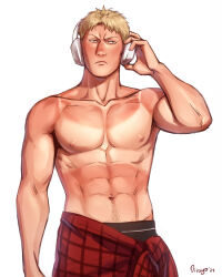  1boy absurdres bara blonde_hair blush cowboy_shot frown headphones highres male_focus male_underwear male_underwear_peek meme muscular muscular_male navel nipples oivsyo pants pectorals reiner_braun shingeki_no_kyojin short_hair simple_background solo sparse_navel_hair standing sunburn tan tank_top_sunburn_(meme) topless_male underwear white_background 