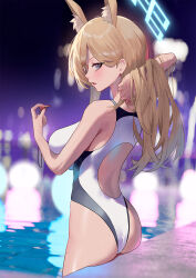  animal_ear_fluff animal_ears ass blonde_hair blue_archive blue_eyes blue_halo breasts cirilla_lin competition_swimsuit dog_ears female hair_over_one_eye halo highres kanna_(blue_archive) kanna_(swimsuit)_(blue_archive) large_breasts long_hair official_alternate_costume one-piece_swimsuit ponytail solo swimsuit teeth whistle white_one-piece_swimsuit 