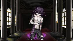  1boy belt belt_buckle black_belt black_footwear black_gloves black_pants blood blood_from_mouth buckle checkered_floor collarbone colored_tips covered_nipples danganronpa_(series) danganronpa_v3:_killing_harmony dress_pants false_smile full_body gameplay_mechanics gloves grin hair_between_eyes hallway holding_own_arm indoors injury kneeling long_sleeves looking_at_viewer male_focus multicolored_hair navel official_style oma_kokichi pale_skin pants parody partially_undressed pectorals pillar purple_eyes purple_hair rug shirt shoes short_hair smile solo stairs stomach style_parody torn_clothes torn_coat torn_gloves torn_pants torn_shirt torn_sleeves undressing utou_(utousan) window 