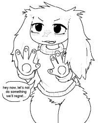  2024 4_fingers anthro black_eyes black_text bottomless bottomless_anthro bottomless_female cave_story clothed clothing commonbleat ellipsis english_text facial_scar female female_anthro fingers floppy_ears lagomorph lop_ears mammal mimiga monochrome open_mouth pawpads scar solo speech_bubble sue_sakamoto sweater sweater_only text tongue topwear topwear_only x_scar 