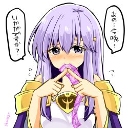  blush circlet condom condom_in_mouth female fire_emblem fire_emblem:_genealogy_of_the_holy_war julia_(fire_emblem) long_hair looking_at_viewer mouth_hold purple_eyes purple_hair simple_background smile solo x_fingers yukia_(firstaid0) 