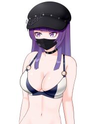  alternate_hairstyle asymmetrical_sidelocks bikini bikini_day black_hat black_mask blunt_bangs blunt_ends breasts choker collarbone diagonal_bangs eyelashes eyeshadow female hair_down hat hayama_kamui highres idolmaster idolmaster_shiny_colors large_breasts long_hair looking_to_the_side makeup mask mouth_mask navel o-ring o-ring_bikini pink_eyeshadow purple_eyes purple_hair sidelocks simple_background solo studded_choker swimsuit tanaka_mamimi white_background 