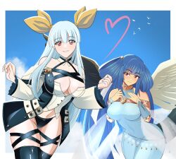  2girls angel_wings aqua_hair asymmetrical_wings bare_shoulders belt bird black_panties black_thighhighs blue_dress blue_hair blue_sky border breasts cape cleavage cloud cloudy_sky commentary commission cosplay costume_switch covered_navel dancer detached_sleeves dizzy_(guilty_gear) dizzy_(guilty_gear)_(cosplay) dress english_commentary fire_emblem fire_emblem:_the_blazing_blade guilty_gear guilty_gear_xrd hair_between_eyes hair_ornament hair_ribbon heart highres ihsnet large_breasts long_hair mature_female mermaid_dress monster_girl multiple_girls narrow_waist navel ninian_(fire_emblem) ninian_(fire_emblem)_(cosplay) panties red_eyes ribbon showgirl_skirt skindentation skirt sky smile snowflakes tail thick_thighs thighhighs thighs twintails underwear white_border wide_hips wings yellow_ribbon 