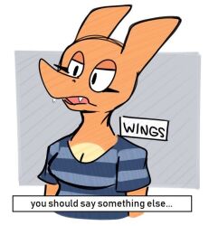  2018 aimbot-jones anthro breasts charizard cleavage clothed clothing dialogue dragon english_text female generation_1_pokemon mythological_creature mythological_scalie mythology nintendo open_mouth orange_body orange_skin pokemon pokemon_(species) scalie shirt simple_background solo text topwear valentina_(aimbot-jones) 