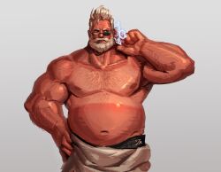  1boy bara beard big_belly cowboy_shot facial_hair fat fat_man full_beard glasses goldlewis_dickinson guilty_gear highres large_pectorals male_focus mature_male meme moustache muscular muscular_male navel nipples pectorals short_hair simple_background solo standing sunburn tan tank_top_sunburn_(meme) thick_beard topless_male white_background zetta_aznec 