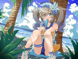  artist_name barbara_(genshin_impact) barbara_(summertime_sparkle)_(genshin_impact) bare_legs beach blue_eyes blue_hair blue_one-piece_swimsuit blue_sky bow brown_hair cloud cloudy_sky collarbone commentary_request dappled_sunlight day dot_nose drill_hair dutch_angle eating female flower food frilled_shirt frills genshin_impact gradient_hair gradient_sky hand_on_own_knee hat hat_flower highres holding holding_food holding_popsicle knees_up light_blush looking_at_viewer mimi_furue multicolored_hair ocean official_alternate_costume one-piece_swimsuit outdoors palm_tree partially_unbuttoned popsicle raised_eyebrows sailor_hat sandals shirt sitting sky sleeveless sleeveless_shirt summer sunlight swimsuit tareme thigh_strap tree tree_shade twin_drills twintails two-tone_bow two-tone_hair under_tree watermark white_bow white_flower white_footwear white_hat white_shirt yellow_bow 