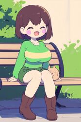  aged_up ai_generated bench big_breasts blush bobcut boots brown_boots brown_hair bushes chara closed_eyes creature day daytime female fully_clothed green_shirt green_shorts happy happy_female human long_sleeve_shirt long_sleeves no_sex open_mouth outdoors pale_skin park pixai shorts shoulder_length_hair simple_background sitting sitting_on_bench slim striped_shirt trees underswap underswap_chara undertale_(series) 