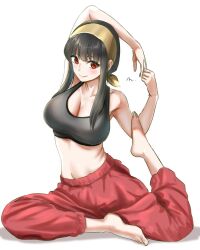  arm_up bare_arms bare_shoulders barefoot black_hair blunt_bangs blush breasts cleavage closed_mouth collarbone commentary_request eyebrows_hidden_by_hair eyelashes female full_body hairband hand_up highres large_breasts long_hair looking_at_viewer mitsugu own_hands_together pants red_eyes red_pants simple_background sitting smile solo split_mouth sports_bra spy_x_family tsurime white_background yellow_hairband yoga yor_briar 