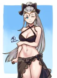  bikini bikini_skirt black_bikini blue_eyes bow breasts cleavage commission commissioner_upload eir_(fire_emblem) eir_(summer)_(fire_emblem) female fire_emblem fire_emblem_heroes gold_tiara hairbow highres long_hair medium_breasts navel one_eye_closed rotomdocs see-through see-through_skirt sidelocks skirt smile swimsuit tiara white_hair 