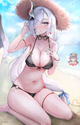  3girls absurdres arm_strap ass barefoot beach bikini black_bikini blue_eyes blue_nails blue_sky breasts chibi cloud day eyeshadow front-tie_bikini_top front-tie_top genshin_impact grey_hair hair_in_own_mouth hair_over_one_eye hand_on_own_chest hat highres hu_tao_(genshin_impact) innertube large_breasts long_hair looking_at_viewer low-tied_long_hair makeup mole mole_on_chest multiple_girls navel o-ring o-ring_bikini ocean outdoors red_eyeshadow sanada_nagi sand shenhe_(genshin_impact) side-tie_bikini_bottom sitting sky solo_focus straw_hat swim_ring swimsuit thigh_strap thighs very_long_hair wariza water wet yellow_hat 