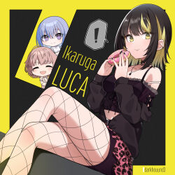  ! 3girls animal_print black_jacket black_shirt blush character_name cometik_(idolmaster) cropped_shirt crossed_legs dark_hound_3 doughnut eating feet_out_of_frame female fishnet_pantyhose fishnets food highres holding holding_food idolmaster idolmaster_shiny_colors ikaruga_luca ikuta_haruki jacket leopard_print looking_at_another looking_at_viewer multiple_girls off-shoulder_shirt off_shoulder pantyhose peeking_out shirt sitting solo solo_focus spoken_exclamation_mark suzuki_hana 