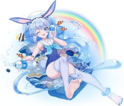  ;d animal_ear_hairband animal_ears barefoot bead_bracelet beads blue_eyes blue_hair blue_hairband blue_nails blue_neckerchief blue_one-piece_swimsuit bottle bracelet clownfish coral corriente_(show_by_rock!!) covered_navel fake_animal_ears feet female fish full_body hairband holding holding_bottle jewelry looking_at_viewer mel6969 neckerchief one-piece_swimsuit one_eye_closed open_mouth outstretched_arm rabbit_ear_hairband rabbit_ears rainbow regal_blue_tang sailor_collar sailor_one-piece_swimsuit short_hair show_by_rock!! smile solo swimsuit thighhighs water water_bottle white_thighhighs 