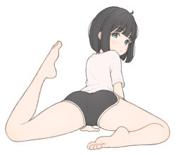  1ssakawaguchi ahoge ass bare_legs barefoot black_eyes black_hair black_shorts bob_cut closed_mouth dolphin_shorts feet female from_behind highres ichika_(1ssakawaguchi) leg_up legs looking_at_viewer looking_back original shirt short_hair short_sleeves shorts simple_background soles solo thighs toes white_background white_shirt 