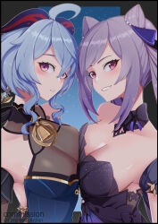  2girls artist_request asymmetrical_bangs back_cutout bell black_background blue_dress blue_hair breast_press breasts cleavage clothing_cutout crossed_bangs dress ganyu_(genshin_impact) ganyu_(twilight_blossom)_(genshin_impact) genshin_impact hair_between_eyes hair_ornament head_tilt highres horns keqing_(genshin_impact) keqing_(opulent_splendor)_(genshin_impact) light_blush long_bangs looking_at_viewer looking_to_the_side medium_breasts medium_hair multiple_girls neck_bell neck_ribbon purple_dress purple_eyes purple_hair purple_ribbon red_horns ribbon sky smile star_(sky) starry_background swept_bangs teeth upper_body yuri 