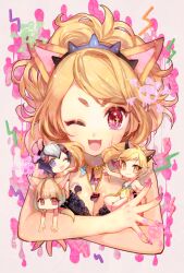  4girls ;d animal_ears blonde_hair breasts carrying carrying_person citti_(show_by_rock!!) cleavage cropped_torso fennery_(show_by_rock!!) jewelry laina_(show_by_rock!!) leopard_ears lion_ears looking_at_viewer mini_person minigirl momoshiki_tsubaki multiple_girls nail_polish necklace one_eye_closed open_mouth pink_eyes pink_nails short_hair show_by_rock!! sitting sitting_on_person size_difference smile solo_focus tiara upper_body white_background zebrina_(show_by_rock!!) 