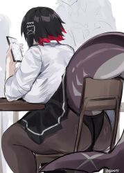  absurdres ass black_hair black_panties black_pantyhose black_skirt breasts cellphone chair ellen_joe female fins fish_tail from_behind highres holding holding_phone inconvenient_tail kurenaiz_(kuayrenaiz) large_breasts panties pantyhose phone red_hair school_uniform shark_tail shirt short_hair sitting skirt smartphone solo_focus tail underwear von_lycaon white_shirt zenless_zone_zero 