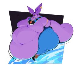  2022 anthro beerus belly big_belly biped blue_body boot_(artist) clothed clothing digital_media_(artwork) domestic_cat dragon_ball dragon_ball_super ear_piercing ear_ring felid feline felis footwear hairless hairless_cat huge_belly jewelry male mammal navel necklace obese obese_anthro obese_male overweight overweight_anthro overweight_male piercing purple_body ring_piercing shoes solo sphynx_(cat) thick_thighs wide_hips yellow_sclera 