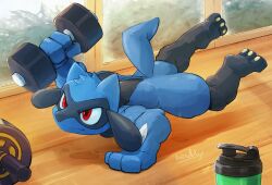  absurd_res biceps bodily_fluids container cup dumbbell exercise generation_4_pokemon hair hi_res inside male muscular muscular_male nintendo pawpads pokemon pokemon_(species) red_eyes riolu smile smirk solo sweat tail waddledox weights workout 